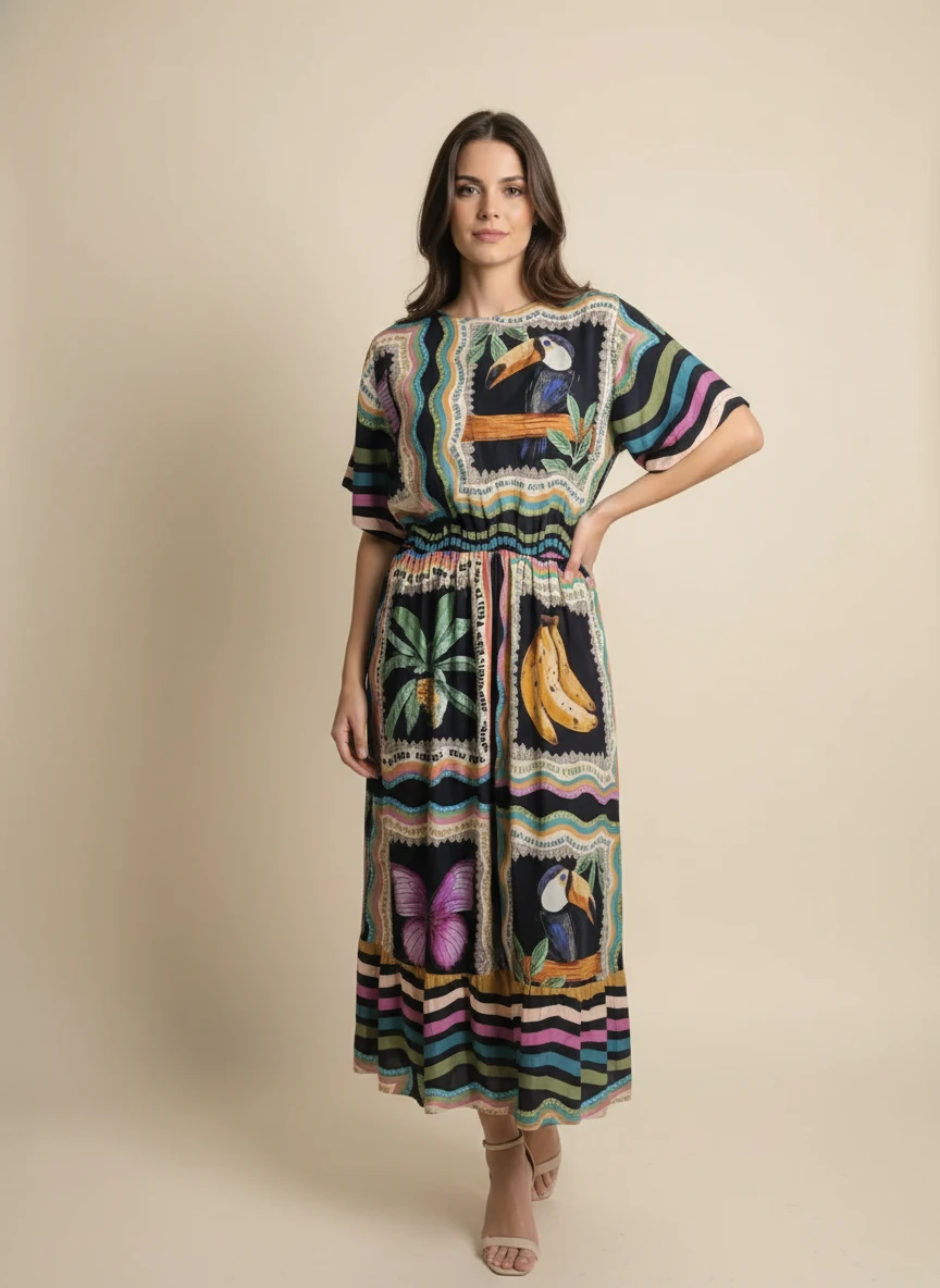 Vestido Midi Boho Bordado Preto